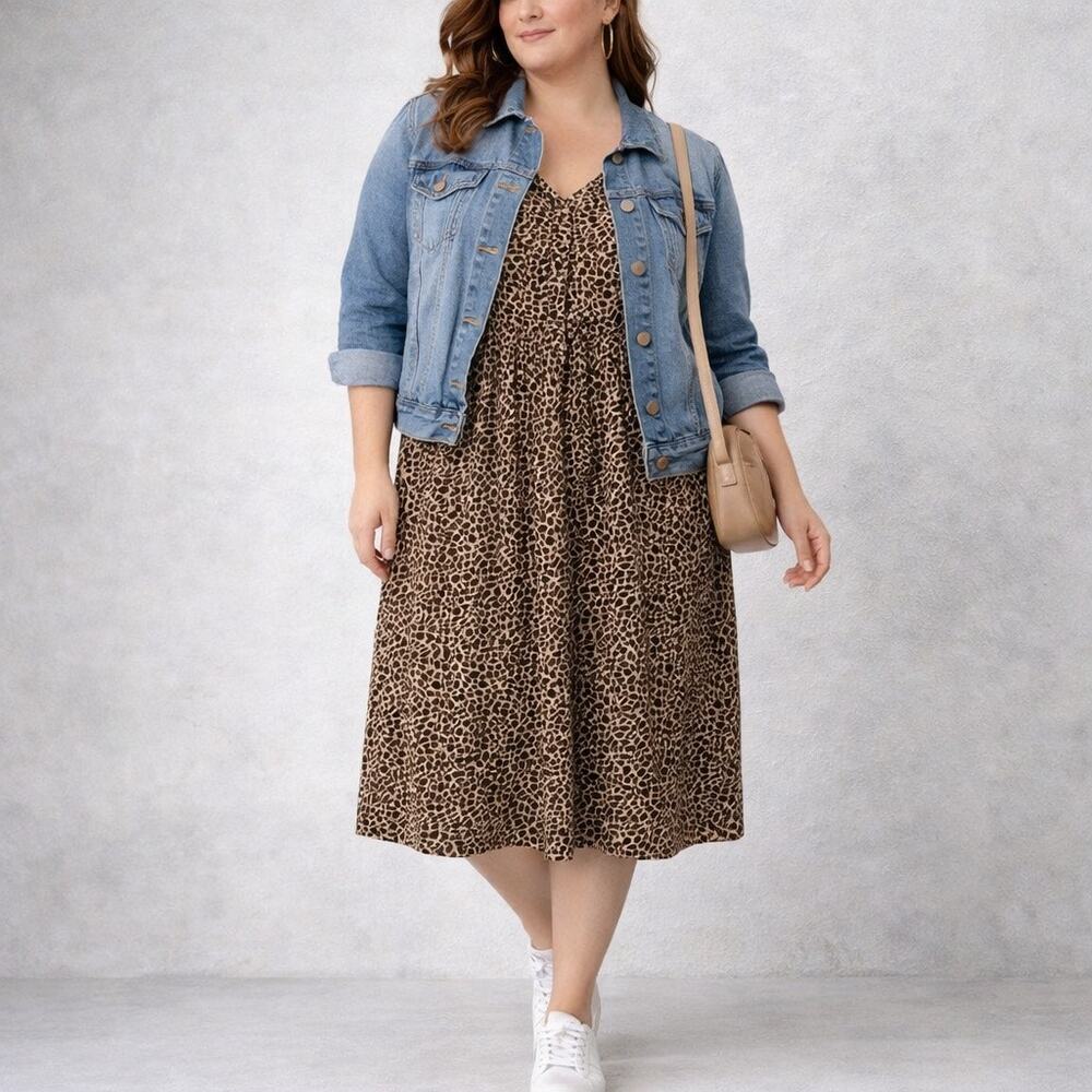 Notti Bianche Tan Brown Leopard Print Casual Midi Dress Sz XL